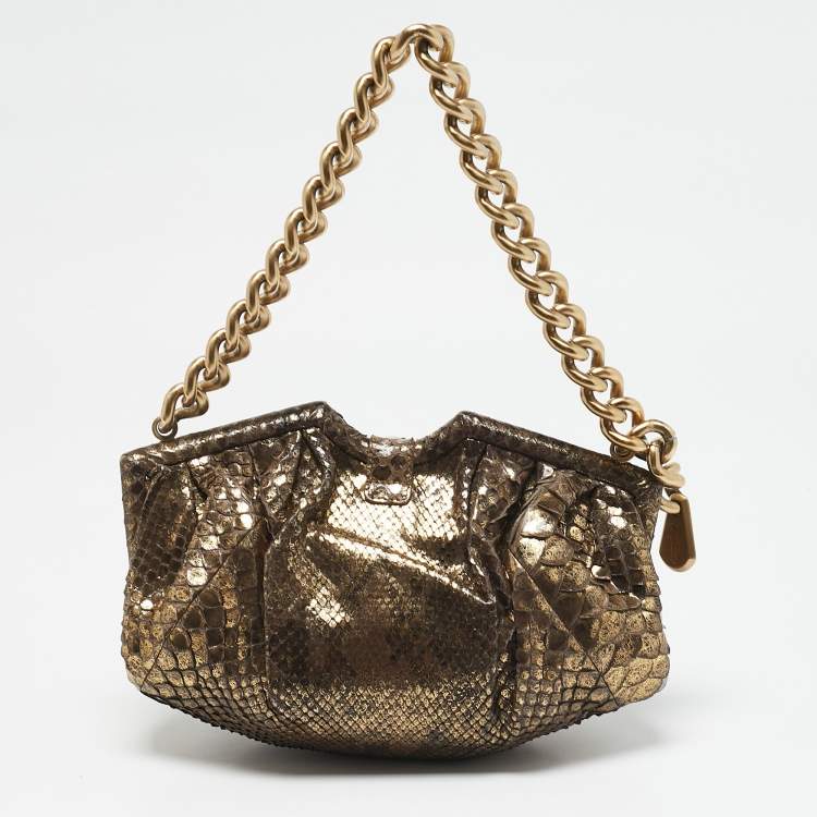 Pre Owned Jimmy Choo Gold Python Chain Frame Clutch