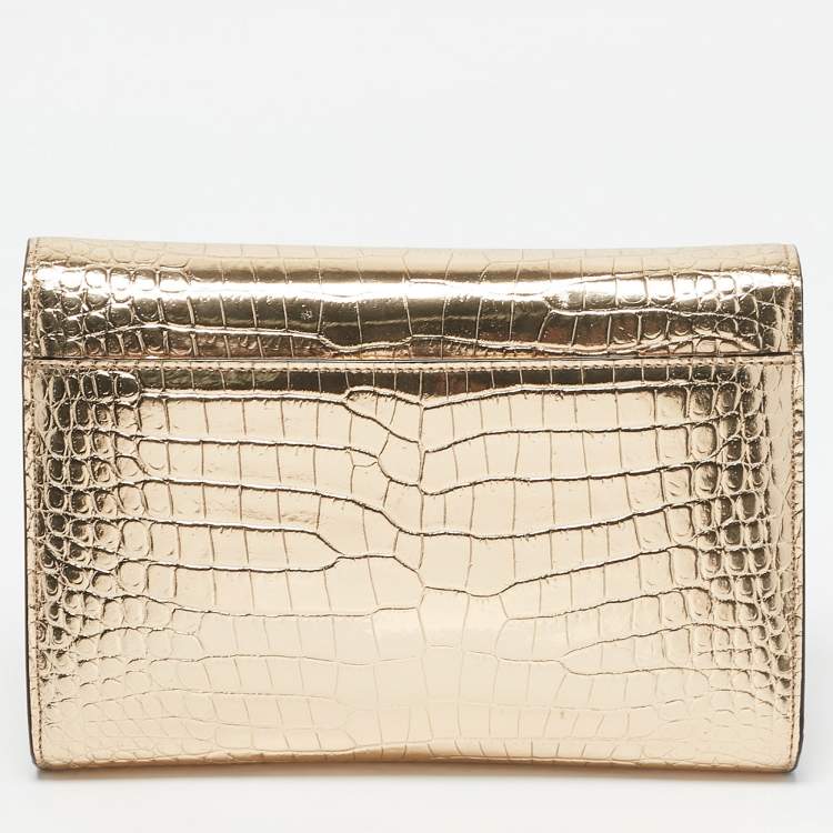 Pre Owned Jimmy Choo Gold Croc Embossed Leather Varenne Chain Clutch