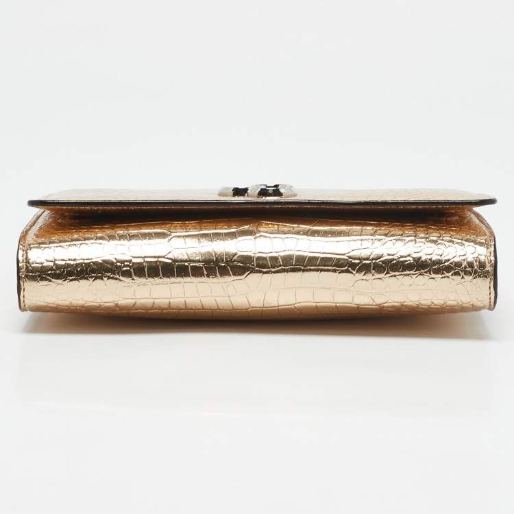 Pre Owned Jimmy Choo Gold Croc Embossed Leather Varenne Chain Clutch