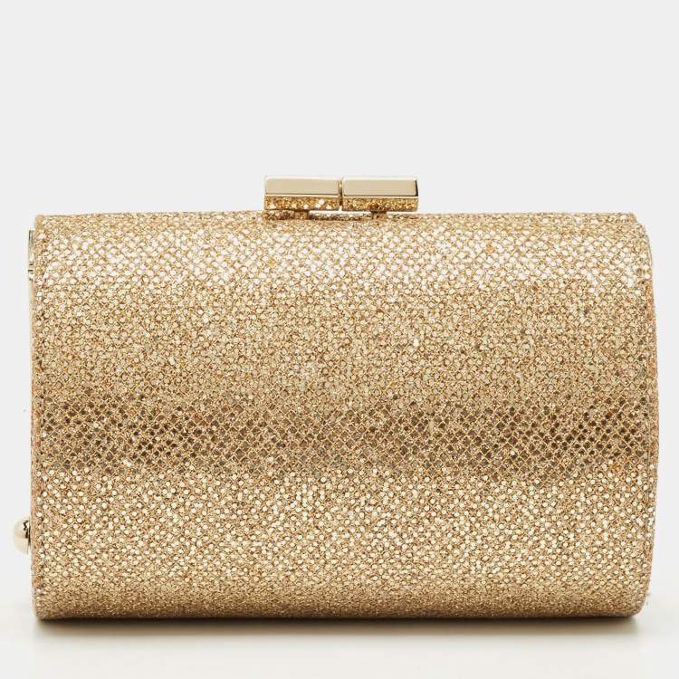 Pre Owned Jimmy Choo Gold Glitter Fabric Mini Tube Clutch