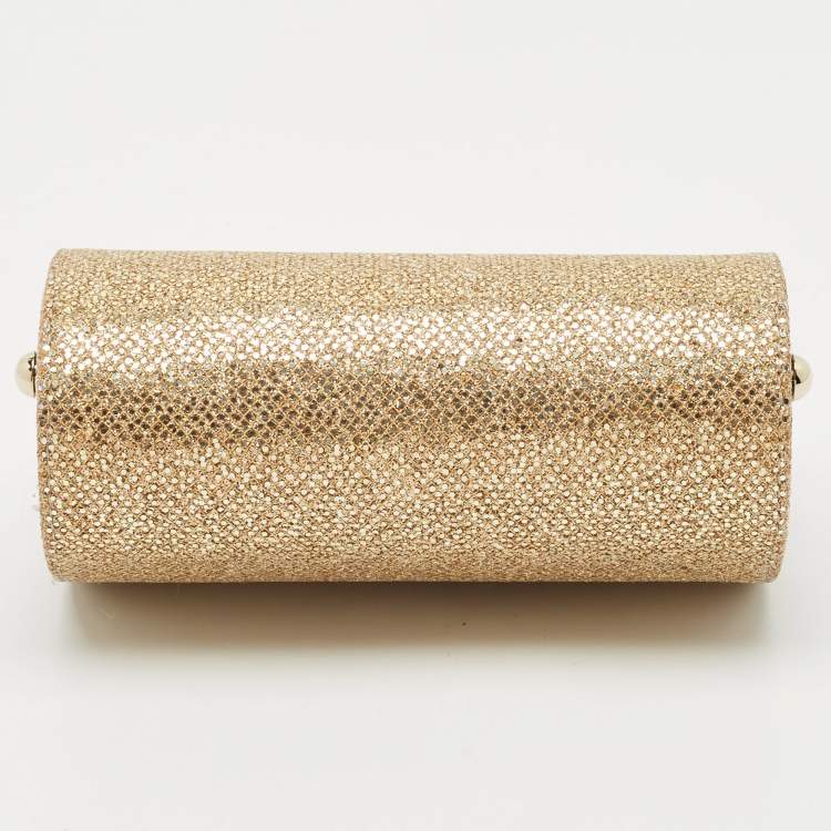 Pre Owned Jimmy Choo Gold Glitter Fabric Mini Tube Clutch