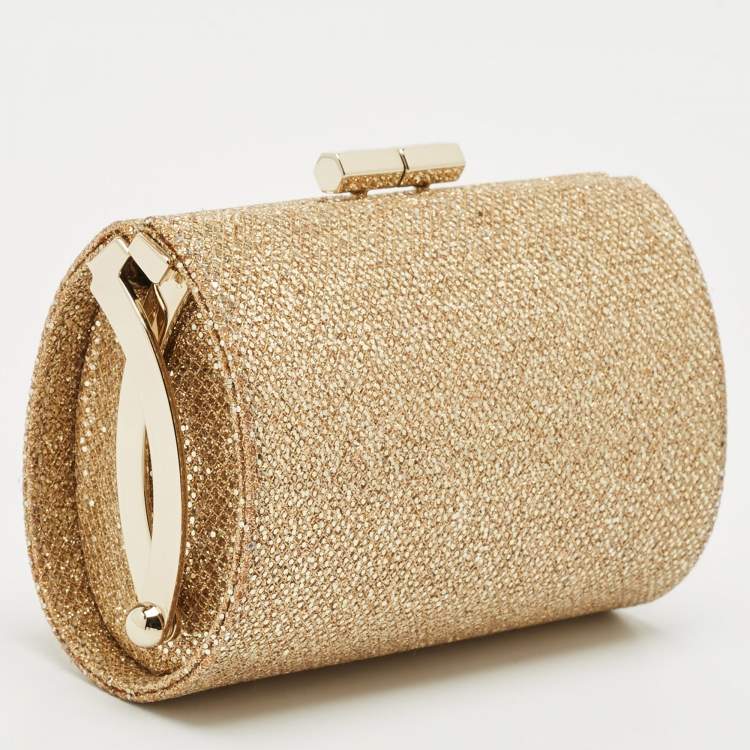 Pre Owned Jimmy Choo Gold Glitter Fabric Mini Tube Clutch