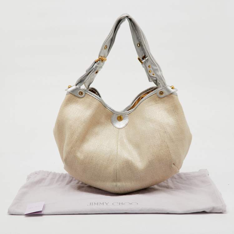Pre Owned Jimmy Choo Metallic Beige/Silver Canvas and Leather Oracle Hobo
