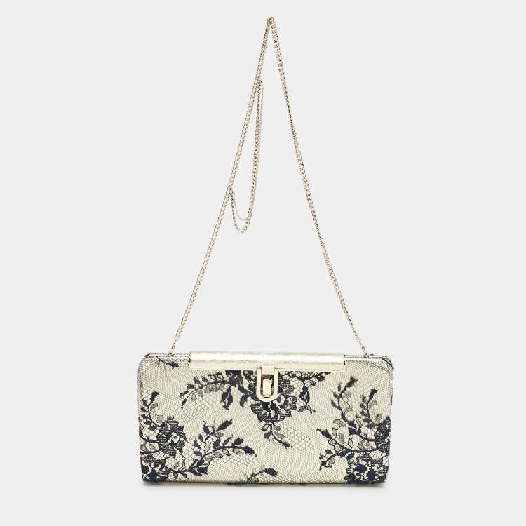Pre Owned Jimmy Choo Pale Gold/Navy Blue Lace Camille and Leather Chain Clutch