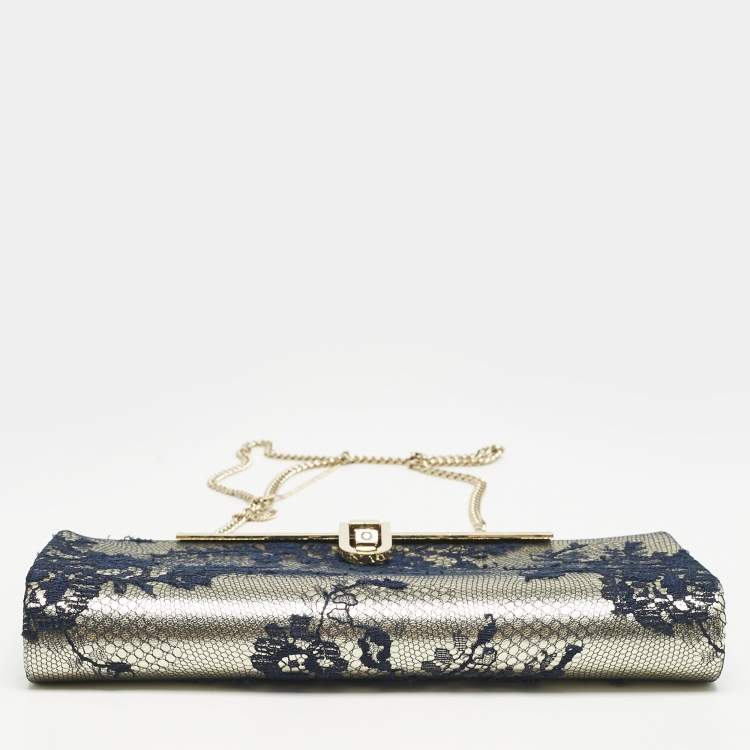 Pre Owned Jimmy Choo Pale Gold/Navy Blue Lace Camille and Leather Chain Clutch