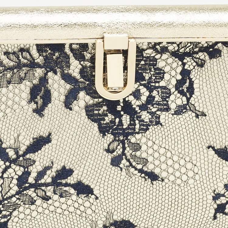 Pre Owned Jimmy Choo Pale Gold/Navy Blue Lace Camille and Leather Chain Clutch
