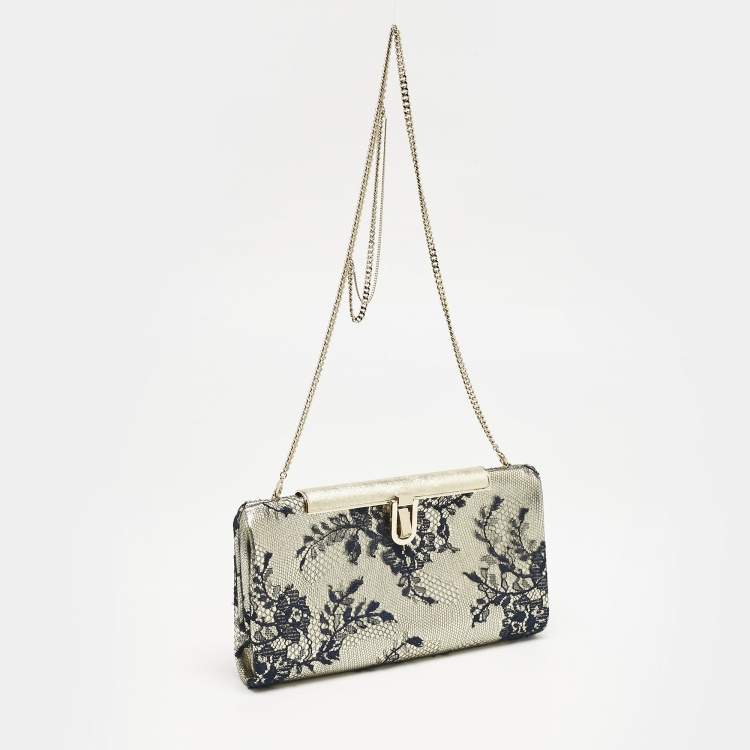 Pre Owned Jimmy Choo Pale Gold/Navy Blue Lace Camille and Leather Chain Clutch
