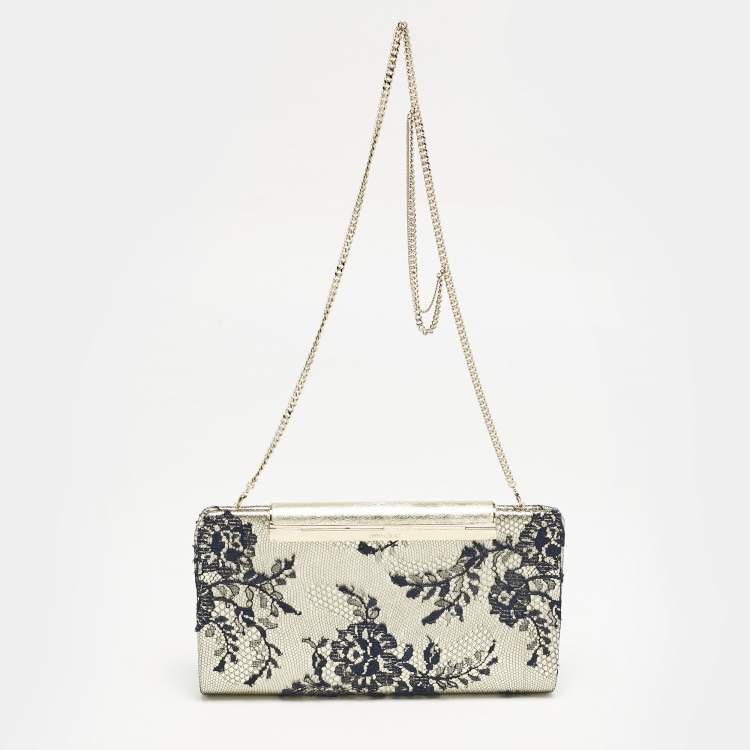Pre Owned Jimmy Choo Pale Gold/Navy Blue Lace Camille and Leather Chain Clutch