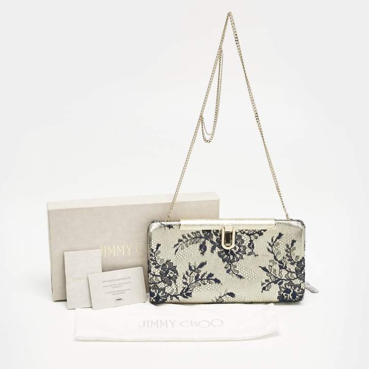 Pre Owned Jimmy Choo Pale Gold/Navy Blue Lace Camille and Leather Chain Clutch