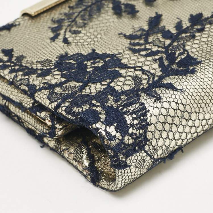 Pre Owned Jimmy Choo Pale Gold/Navy Blue Lace Camille and Leather Chain Clutch