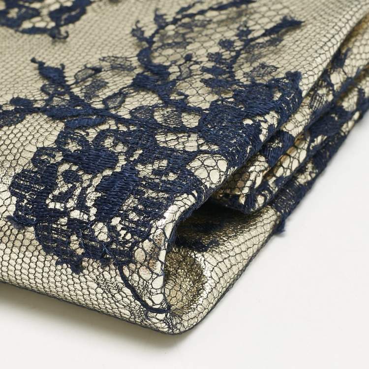 Pre Owned Jimmy Choo Pale Gold/Navy Blue Lace Camille and Leather Chain Clutch