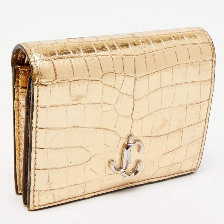 Pre Owned Jimmy Choo Gold Croc Embossed Leather Hanne Card Case
