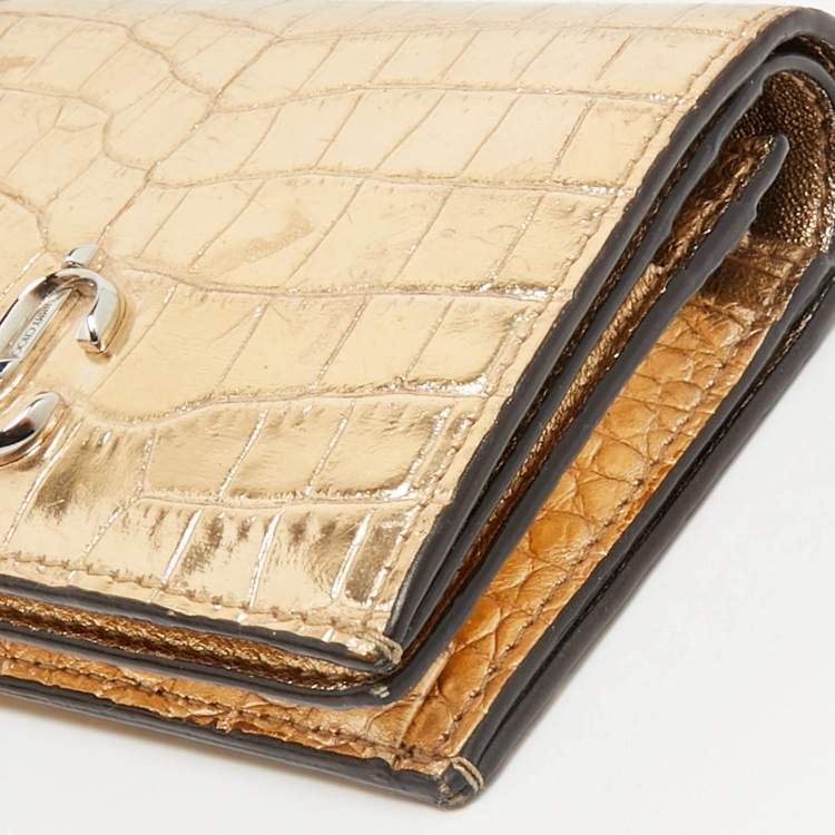 Pre Owned Jimmy Choo Gold Croc Embossed Leather Hanne Card Case