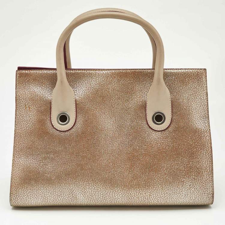 Pre Owned Jimmy Choo Gold/Beige Leather Medium Riley Tote