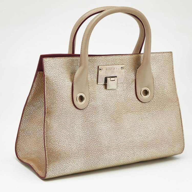 Pre Owned Jimmy Choo Gold/Beige Leather Medium Riley Tote