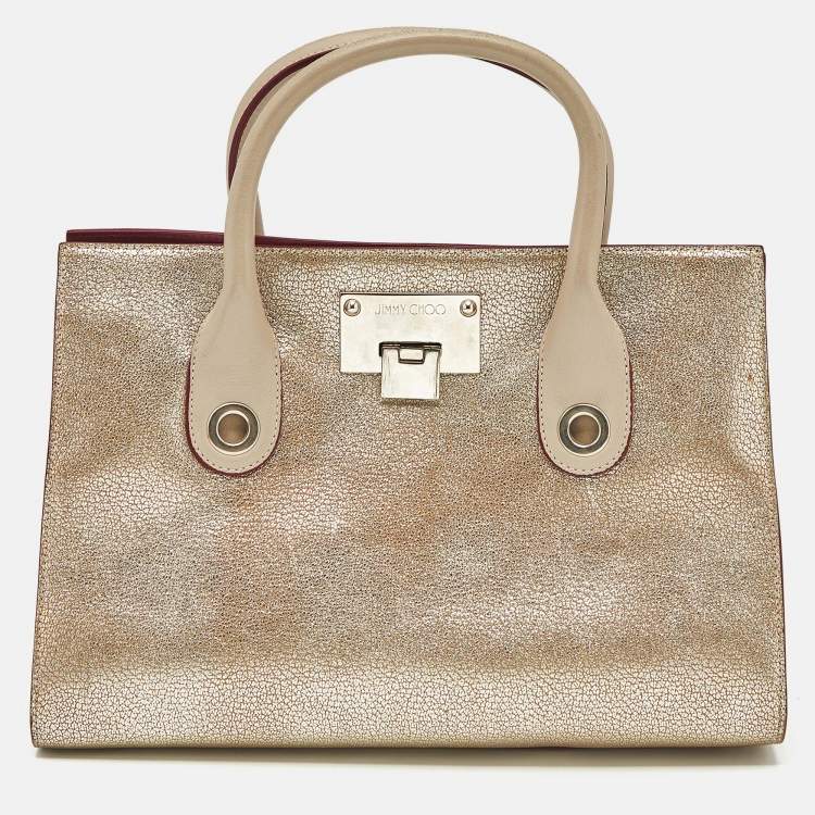Pre Owned Jimmy Choo Gold/Beige Leather Medium Riley Tote
