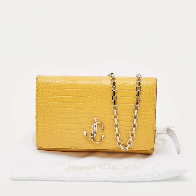 Pre Owned Jimmy Choo Yellow Croc Embossed Leather Varenne Chain Clutch