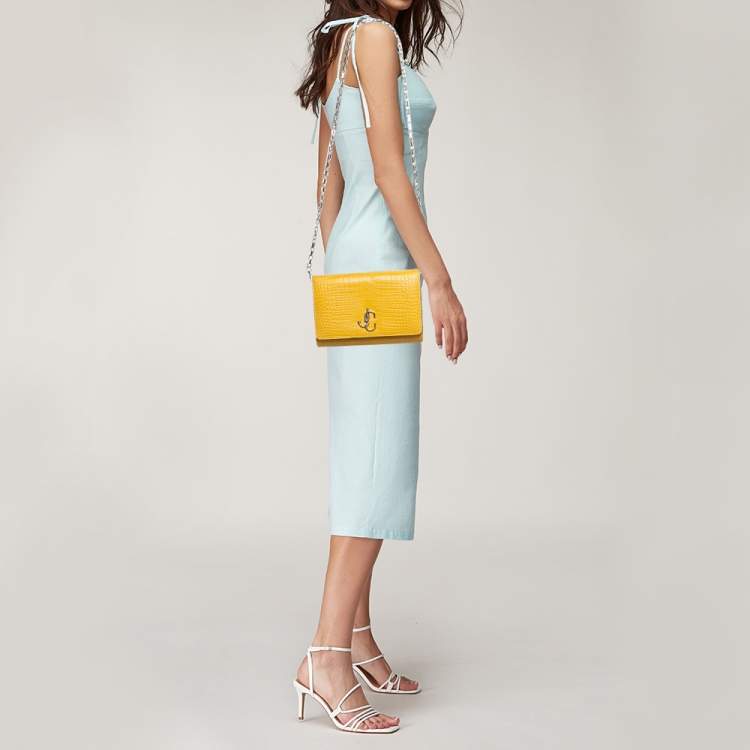 Pre Owned Jimmy Choo Yellow Croc Embossed Leather Varenne Chain Clutch