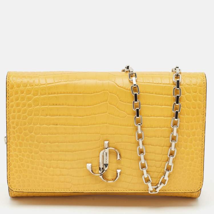 Pre Owned Jimmy Choo Yellow Croc Embossed Leather Varenne Chain Clutch