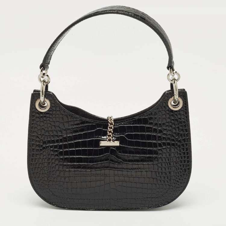 Pre Owned Jimmy Choo Black Croc Embossed Leather Varenne Hobo