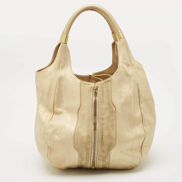 Pre Owned Jimmy Choo Beige/Gold Leather and Suede Mandah Expandable Hobo