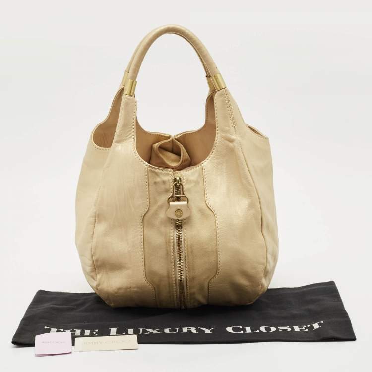 Pre Owned Jimmy Choo Beige/Gold Leather and Suede Mandah Expandable Hobo