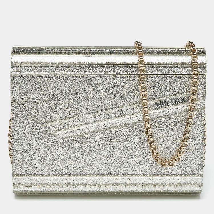 Pre Owned Jimmy Choo Silver Glitter Acrylic and Leather Candy Chain Clutch