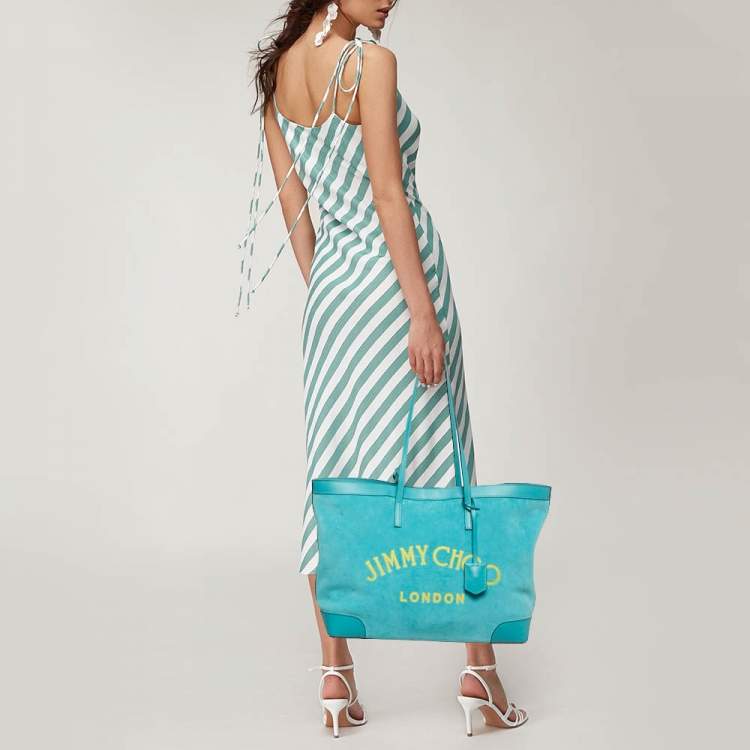 Pre Owned Jimmy Choo Malibu Green Towelling Fabric Logo Tote