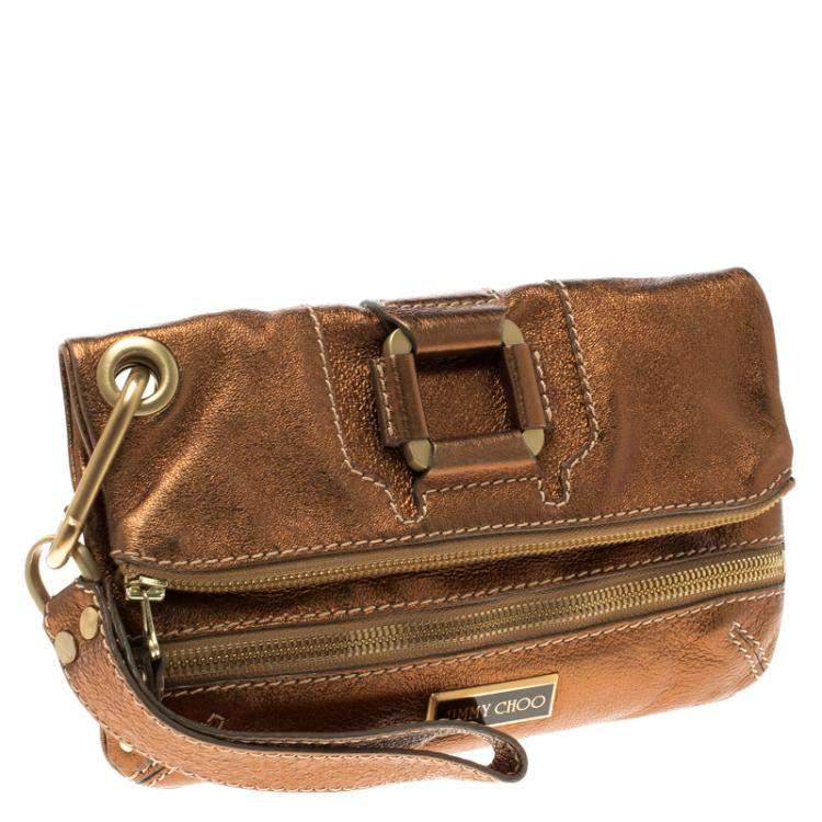 Pre Owned Jimmy Choo Bronze Leather Mave Foldover Clutch