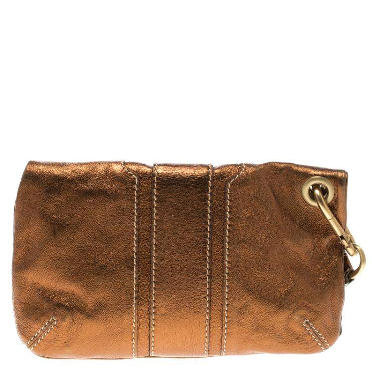 Pre Owned Jimmy Choo Bronze Leather Mave Foldover Clutch