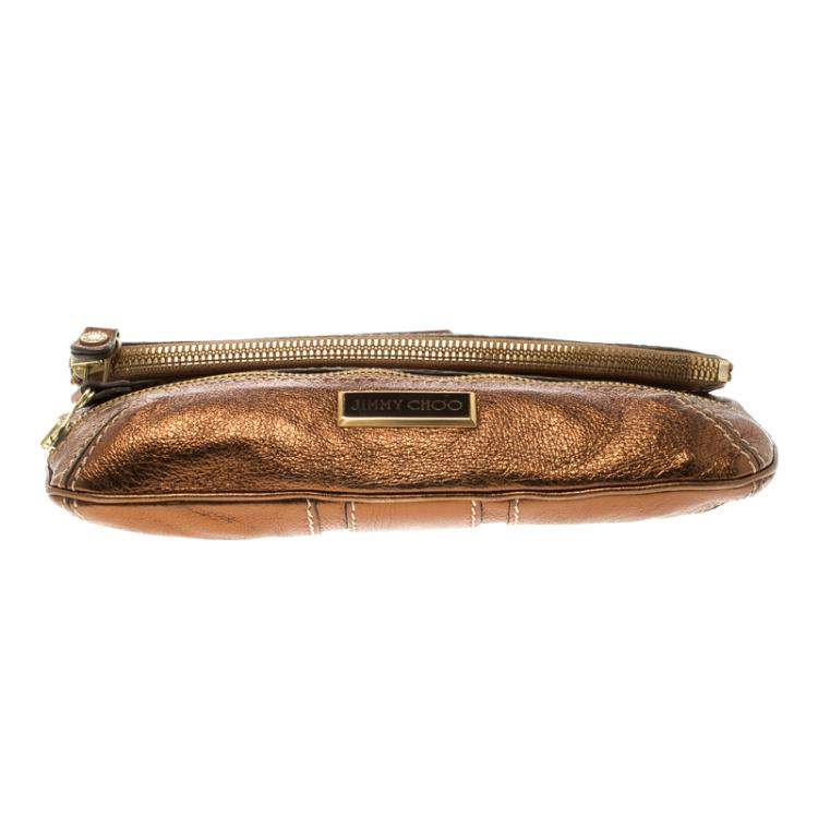 Pre Owned Jimmy Choo Bronze Leather Mave Foldover Clutch