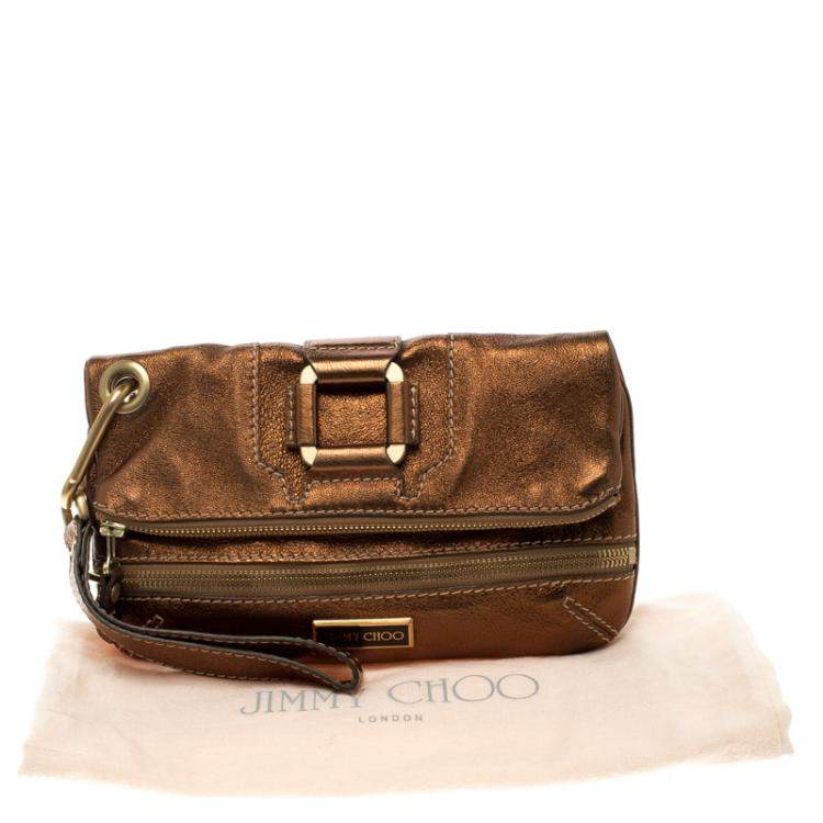 Pre Owned Jimmy Choo Bronze Leather Mave Foldover Clutch