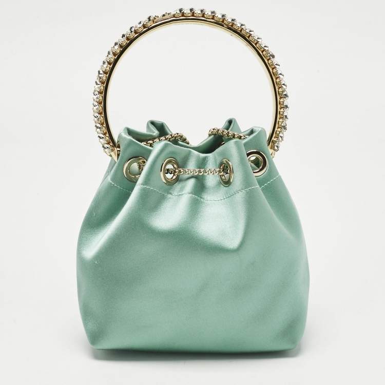 Pre Owned Jimmy Choo Mint Green Satin Crystals Bon Bon Bucket Bag 
