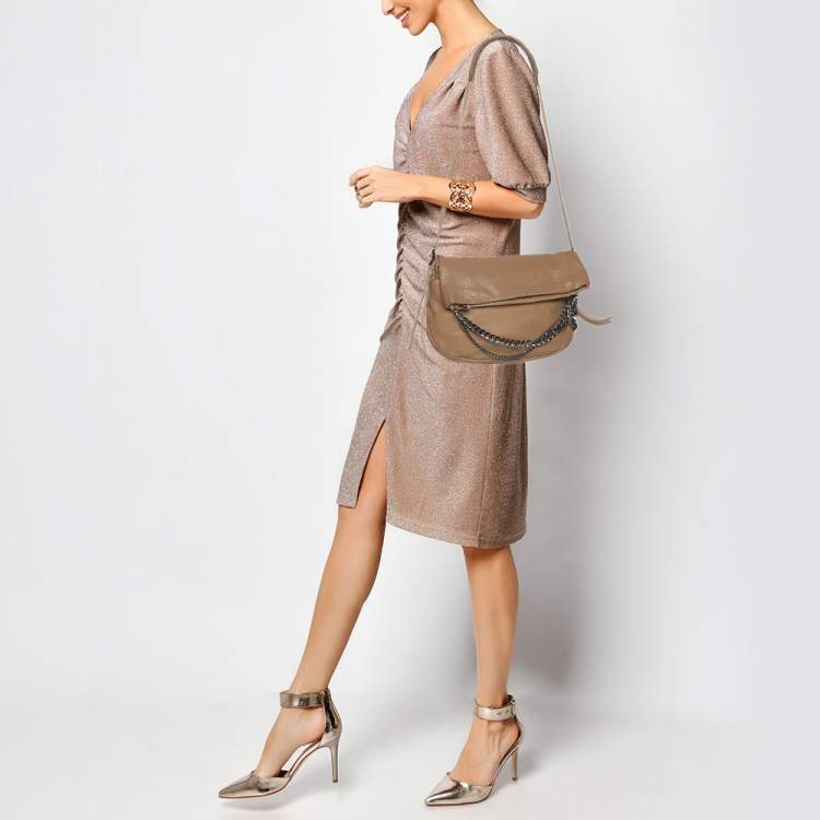 Pre Owned Jimmy Choo Beige Leather Boho Biker Chain Messenger Bag