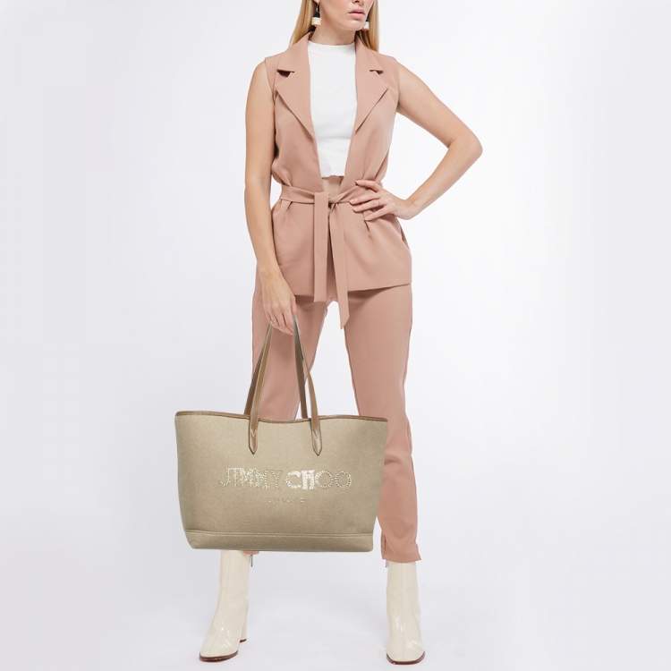 Pre Owned Jimmy Choo Beige/Brown Felt and Leather Logo Tote