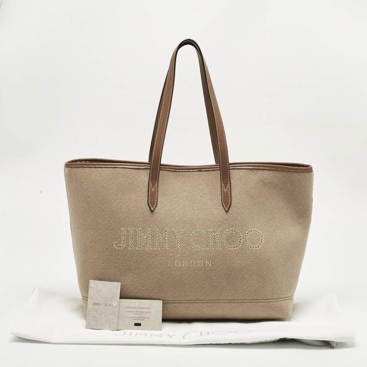 Pre Owned Jimmy Choo Beige/Brown Felt and Leather Logo Tote