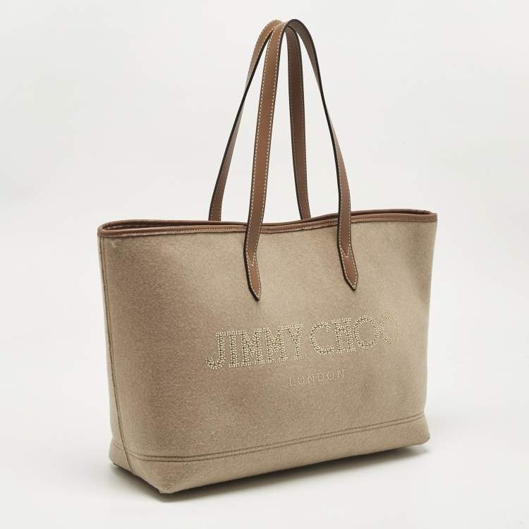 Pre Owned Jimmy Choo Beige/Brown Felt and Leather Logo Tote