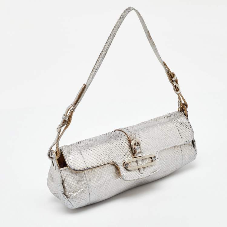 Pre Owned Jimmy Choo Metallic Silver Python Tulita Baguette Bag