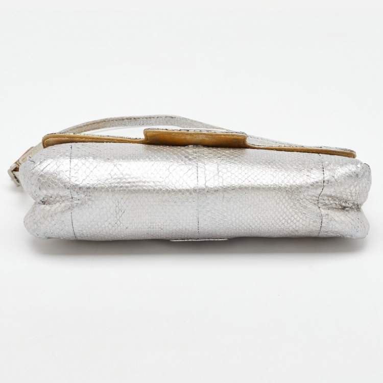 Pre Owned Jimmy Choo Metallic Silver Python Tulita Baguette Bag