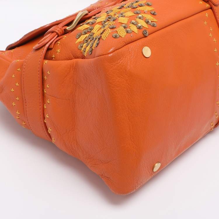 Pre Owned Jimmy Choo Orange Embroidered Leather Tulita Top Handle Bag