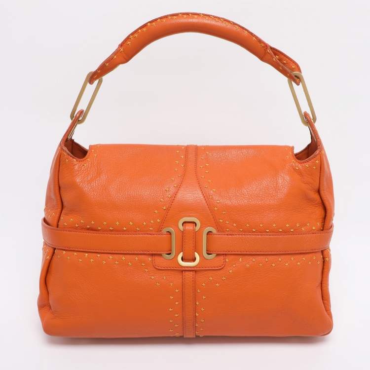 Pre Owned Jimmy Choo Orange Embroidered Leather Tulita Top Handle Bag