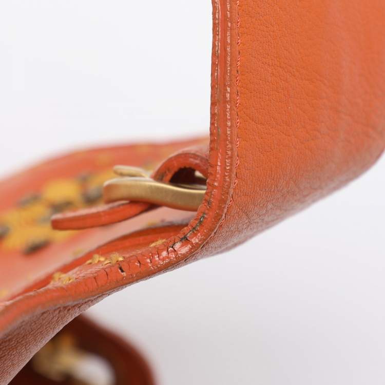 Pre Owned Jimmy Choo Orange Embroidered Leather Tulita Top Handle Bag