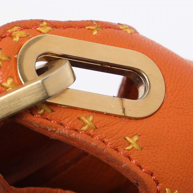 Pre Owned Jimmy Choo Orange Embroidered Leather Tulita Top Handle Bag