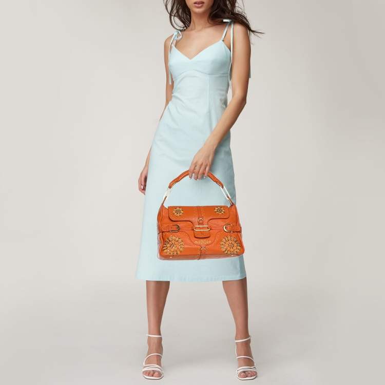 Pre Owned Jimmy Choo Orange Embroidered Leather Tulita Top Handle Bag