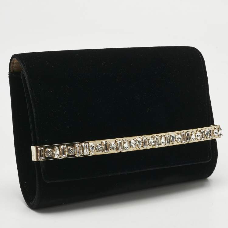 Pre Owned Jimmy Choo Black Velvet Crystal Embellished Clutch