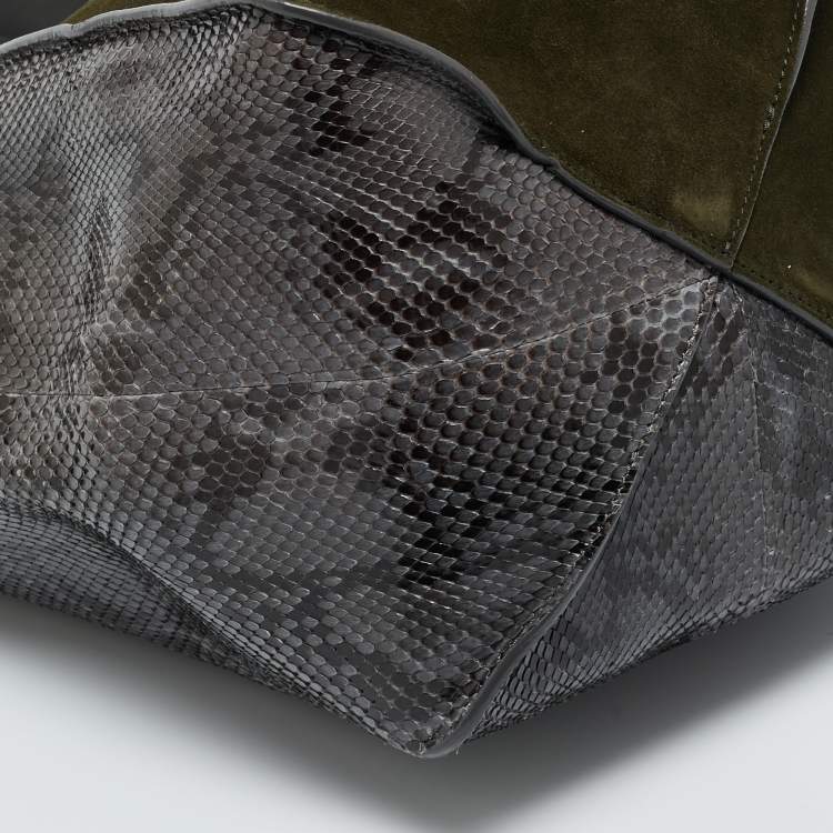 Pre Owned Jimmy Choo Green/Grey Suede and Python Twist Tote