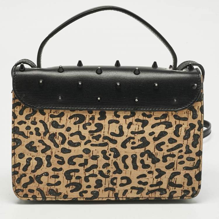 Pre Owned Jimmy Choo Black/Beige Leopard Print Cork and Leather Rebel Embellished Crossbody Bag