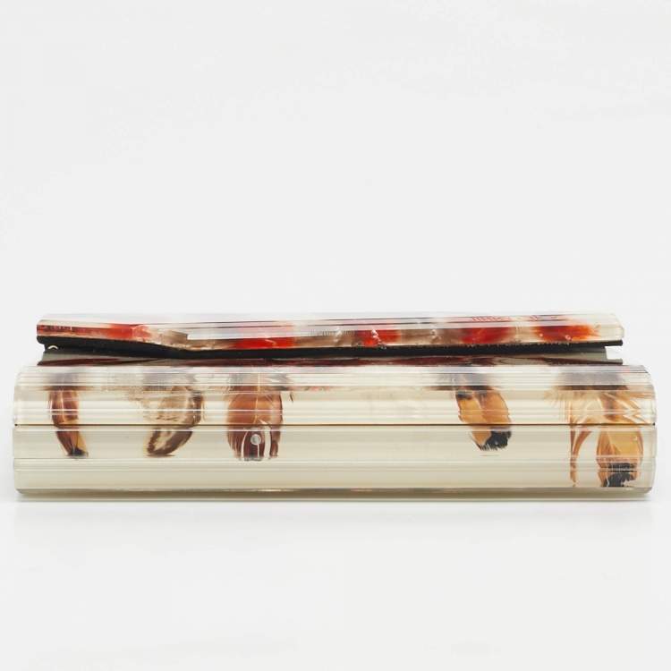 Pre Owned Jimmy Choo Clear/Multicolor Feather Print Acrylic Candy Chain Clutch