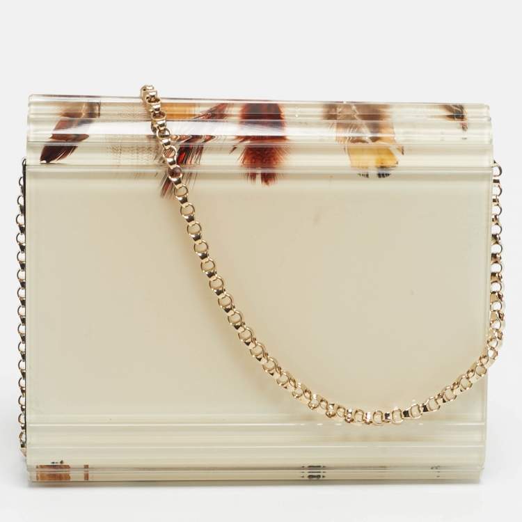 Pre Owned Jimmy Choo Clear/Multicolor Feather Print Acrylic Candy Chain Clutch