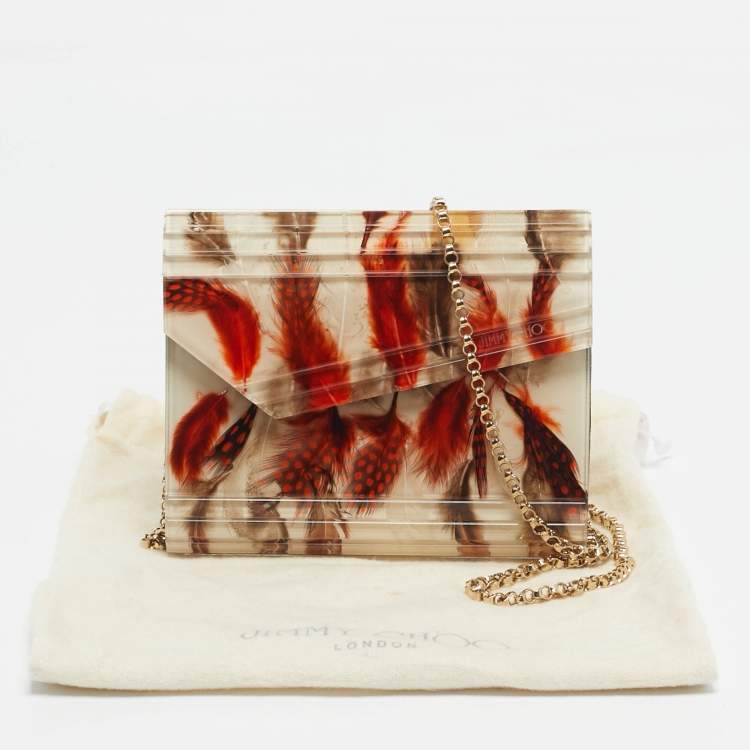 Pre Owned Jimmy Choo Clear/Multicolor Feather Print Acrylic Candy Chain Clutch